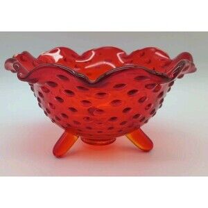 Vtg Amberina Glass Hobnail Candy Dish Ruffled Edge Tri footed Red Orange
